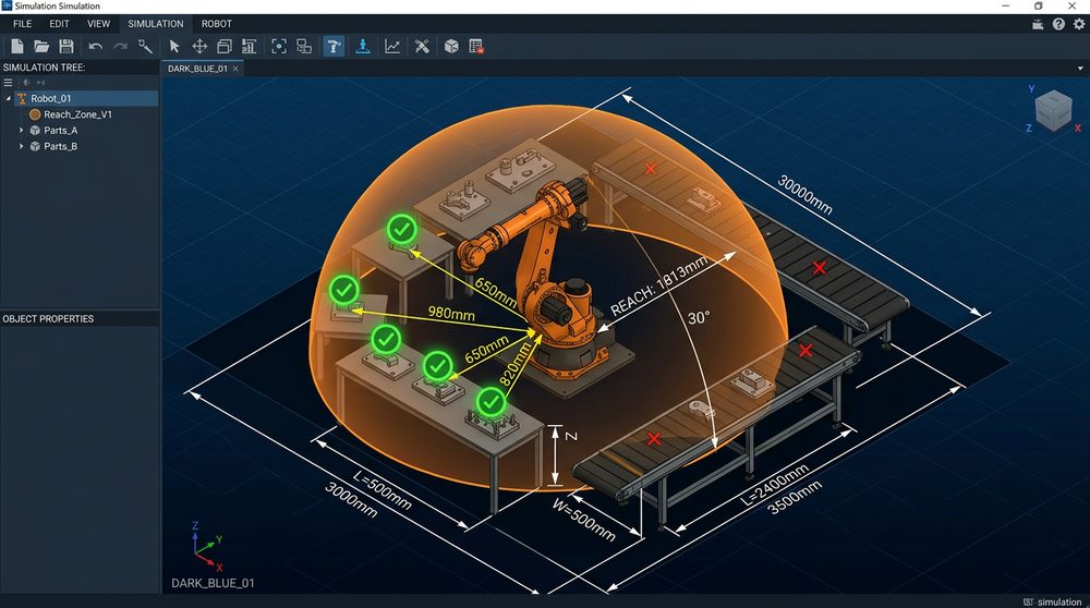 Machbarkeitsstudie mit Roboter-Reichweitenanalyse in twin
